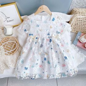 Baby Girl Butterfly Print Lace Patchwork Design Square-Collar Dress (Color: White, Size/Age: 110 (3-5Y))