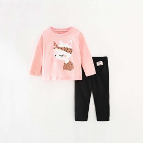 Baby Girl Cartoon Animal Pattern Tops Combo Solid Pants 2 Pieces Sets (Color: Pink, Size/Age: 120 (5-7Y))