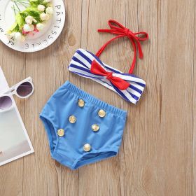 Baby Girl Striped Pattern Bow Tie Design Belted Tops Combo Shorts Swimwear (Color: Blue, Size/Age: 90 (12-24M))