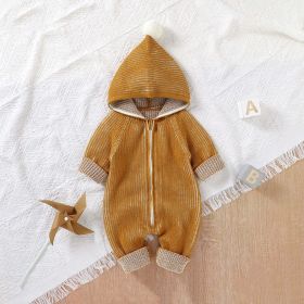 Baby Solid Color Zipper Front Design Hooded Knitted Romper (Color: Brown, Size/Age: 73 (6-9M))