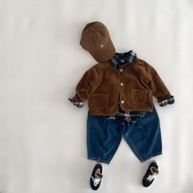 Baby Solid Color Single Breasted Design Corduroy Fabric Coat With Pockets (Color: Brown, Size/Age: 130 (7-8Y))