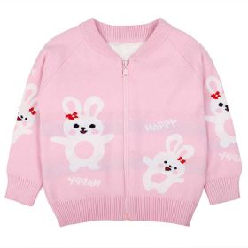 Baby Girl Cartoon Bunny Graphic Zipper Front Design Knit Coat (Color: Pink, Size/Age: 90 (12-24M))