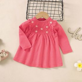 Baby Girl Flower Patched Pattern Solid Color Knitted Dress (Color: Pink, Size/Age: 90 (12-24M))