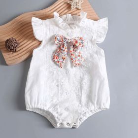 Baby Girl Embroidery Pattern Round Neck Mullet Design Sleeveless Cardigan Onesies With Bow Decorations (Color: White, Size/Age: 80 (9-12M))