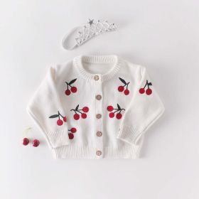 Baby Girl 1pc Cherry Embroidered Graphic Crotch Knitted Bodysuit & Button Front Sweater Coat Sets (Color: White, Size/Age: 80 (9-12M))