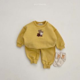 Baby Solid Color Bear Patched Design Hoodie Autumn Clothes Sets (Color: Yellow, Size/Age: 73 (6-9M))