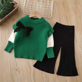 Baby Solid Color Bow Patched Sweater With Pants Sets (Color: Green, Size/Age: 110 (3-5Y))