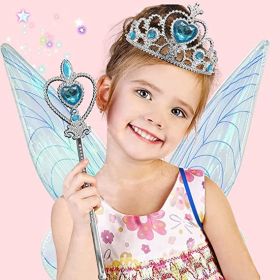 Angel wings headband fairy stick three-piece set; Fairy Wings Dress Up Sparkling Sheer Wings for Kids Girls Women (Color: Blue)