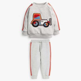 Baby Boy Cartoon Truck Pattern Side Striped Design Hoodie & Trousers Warm Sets (Color: Grey, Size/Age: 140 (8-10Y))