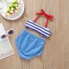 Baby Girl Striped Pattern Bow Tie Design Belted Tops Combo Shorts Swimwear