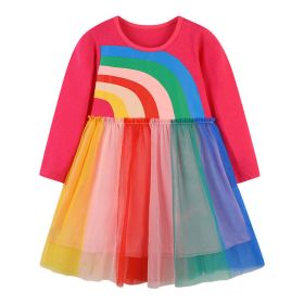 Baby Colorful Rainbow Pattern Mesh Overlay Design Pullover Dress (Color: Pink, Size/Age: 140 (8-10Y))