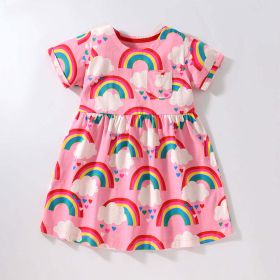 Baby Girl Rainbow Graphic Short Sleeve Round Neck Dress (Color: Pink, Size/Age: 140 (8-10Y))