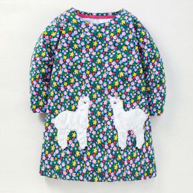 Baby Girl Cartoon Animal Embroidered Design Floral Pattern Loose Dress (Color: Green, Size/Age: 120 (5-7Y))