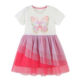 Baby Girl Butterfly Patched Pattern Mesh Patchwork Dress (Color: Pink, Size/Age: 130 (7-8Y))