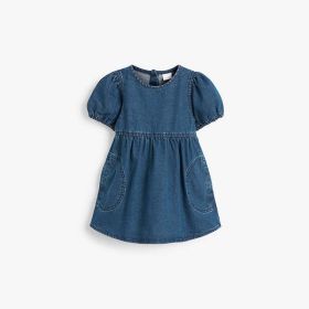 Baby Girl Solid Color Puff Sleeve Loose Denim Dress (Color: Blue, Size/Age: 100 (2-3Y))