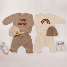 Baby Rainbow & Letter Graphic Hoodies And Pants Sets (Color: Beige, Size/Age: 100 (2-3Y))